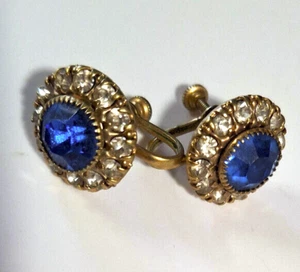 Orecchini non firmati blu e trasparenti fondello a vite pietre di vetro tono oro vintage - Foto 1 di 8
