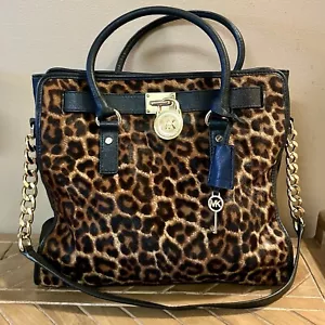 MICHAEL KORS LARGE HAMILTON TOTE LEOPARD CALF HAIR PURSE BAG BLACK LEATHER - Picture 1 of 15