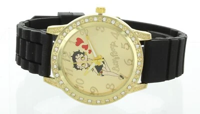 Reloj Betty Boop vintage para damas correa de silicona negra bisel de piedra fácil de leer 42 mm Foto 1 de 4