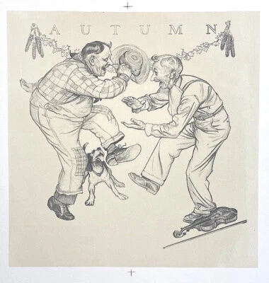 Norman Rockwell OTOÑO, Litografía Dibujada a Mano, Portafolio Four Seasons 1974 Foto 1 de 3