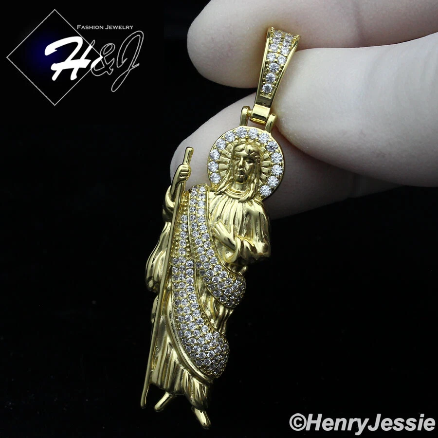 MEN 925 STERLING SILVER ICY BLING CZ GOLD PLATED/SILVER 3D SAN JUDAS PENDANT*329 - Image 1 of 1