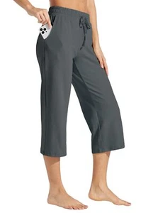 Women's Capris Pants Cotton Yoga Capri Casual Lounge Pants Wide Leg Workout S... - Picture 1 of 7