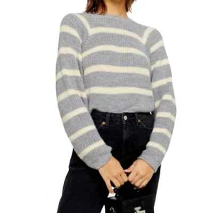 Topshop Streifen Rundhalsausschnitt Cropped Pullover grau creme Damen M (8-10) Neu mit Etikett - Bild 1 von 11