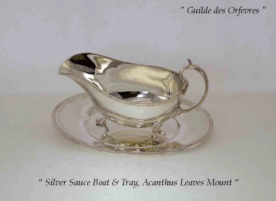 Barco y platillo de salsa/gravy plateados con borde aplicado de hojas de acanto Foto 1 de 4