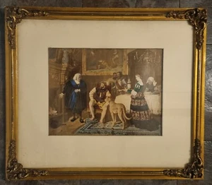 Vintage Framed Oleograph Picture of Medieval Banquet with Gentlemen, Lady & Dog - Picture 1 of 2