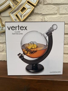 Godinger Whiskey Globe Skull Decanter Vertex Crystal Glass & Wood New In Box - Picture 1 of 5