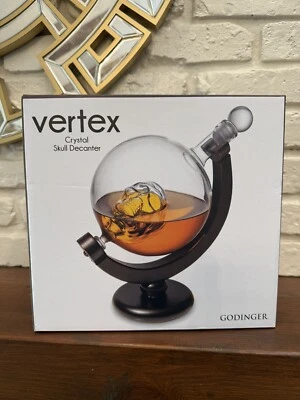 Godinger Whiskey Globe Skull Decanter Vertex Crystal Glass & Wood New In Box - Image 1 of 4