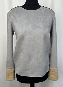 Zara Faux Suede & Fur Trim Long Sleeved Top Grey & Tan Women's UK12 E2030 - Picture 1 of 9