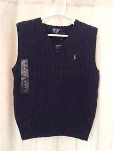 NWT Polo Ralph Lauren Boys Navy Blue V Neck Cable Vest Size 4 New - Picture 1 of 3