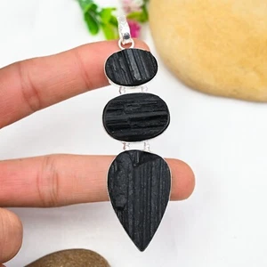 Black Tourmaline Rough Gemstone Pendant 925 Sterling Silver Handmade JewelryGift - Picture 1 of 5