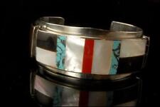 VINTAGE BEGAY STYLE STERLING MOSAIC RED CORAL ONYX TURQUOISE MOP CUFF BRACELET