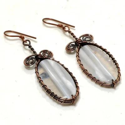 Blue Lace Agate Gemstone Handmade Wire Wrap Copper Jewelry Earrings 2.7" PG 106 - Image 1 of 4