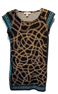Michael Kors Women's Size Medium Black/Turquoise Gold Chain AOP Pullover Dress - Image 1 of 4