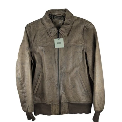 NWT ASOS Faux Leather Bomber Jacket Mens Sz M Brown Distressed Zip Long Sleeve - Image 1 of 4