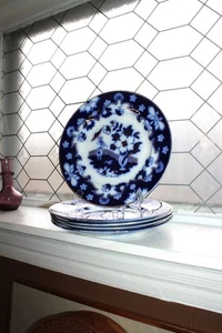 4 platos de cena antiguos azules de flujo oscuro 10" Royal Staffordshire Pekin adorno dorado - Imagen 1 de 6