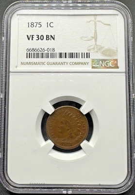 1875 INDIAN HEAD CENT NGC VF30 BN 11XG25 - Image 1 of 4