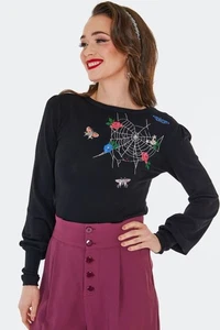 Retro Vintage Style Floral Moth Web Embroidered Sweater - Picture 1 of 5