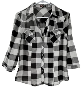 Shirt L Large Plaid 3/4 Sleeves M Medium Snap Buttons Blouse Top 100% Cotton 21 - Picture 1 of 6