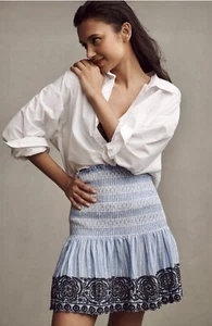 Maeve Anthropologie Chambray Linen Stripe Smock Embroidery Ruffle Hem Skirt Sz M - Picture 1 of 18