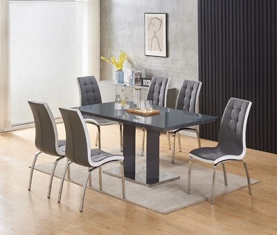 Dining Table Set Grey Glass and Grey High Gloss Rectangle 6 Faux Leather Chair - Image 1 of 4