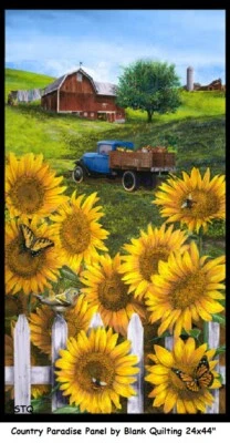 Country Paradise 24x44 Panel Cotton quilt fabric Blank Quilting Blue Truck Barn Foto 1 de 3