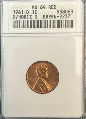 1961-D/D ANACS MS-64 Red Breen D over Horizontal D Old Soapbox Holder RPM FS-501 - Image 1 of 4