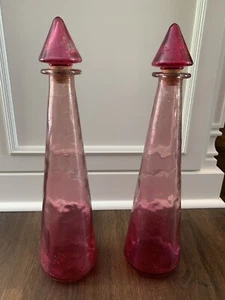 Set Of Two Pink  Painted Crackle Art Glass Decanters w/ Cone Stoppers Large 18” - Picture 1 of 11