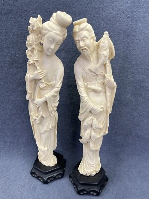 Set 2 - 14" Figuras Chinas Blancanietas Pescador y Dama con Flores Foto 1 de 4