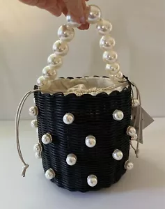 BTB Los Angeles Chloe Black Rattan Bucket Bag w/Pearls Sold Out! - Picture 1 of 5
