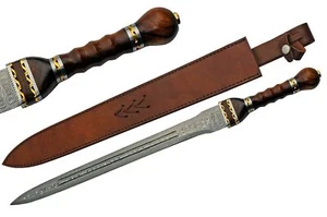 Short Sword | Damascus Steel Blade Roman Gladius Legionnaire + Leather Sheath - Picture 1 of 4