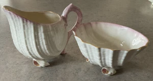 BELLEEK PORCELAIN :: 4” HANDLED SHELL CREAMER & 2 1/4” SUGAR Banner Mark IRELAND - Picture 1 of 12