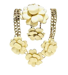 Talbots Necklace & Bracelet Set Ivory White Enamel Flower Gold Tone Curb Link - Picture 1 of 24