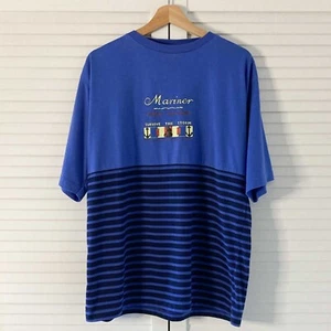 80s C&A T-Shirt Size Large Blue Sailor Mariner Print Striped Vintage - Picture 1 of 16