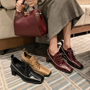 Womens 2024 Chic Leather Two Tone Square Toe Block Heel Lace Up Pump Shoes  - Picture 1 of 15