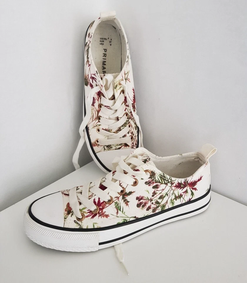 Primark Womens White Multi Floral Canvas Trainers (Converse Style) UK- 4 - Image 1 of 4