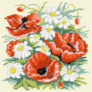 DIY Cross Stitch Kit "Poppies with daisies" with Printed Canvas - Picture 1 of 1