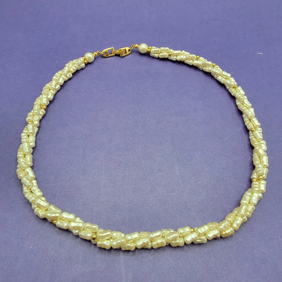Collar Vintage Napier Crema Cuentas Tono Dorado Cadena Trenzado Retro 18 pulgadas Foto 1 de 4