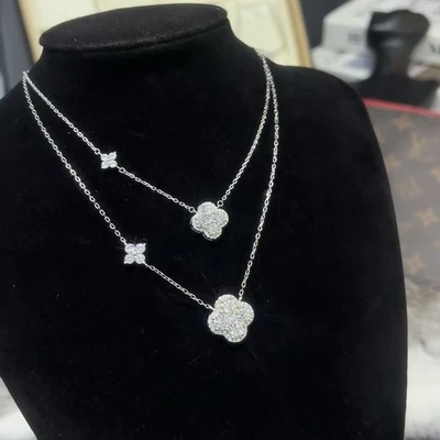 5mm Round Moissanite Clover Pendant Necklace 925 Sterling Silver Women Chain GRA - Image 1 of 4