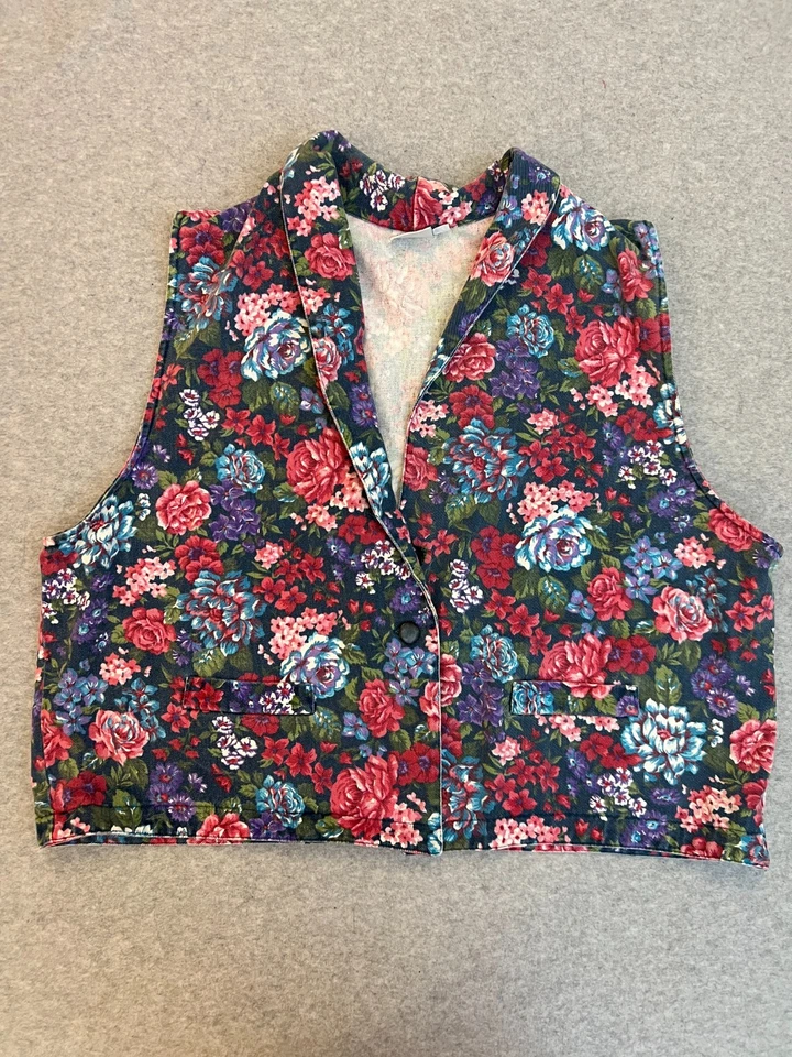 Chaleco Denim Floral Valle Napa 2XL Boho Flor Artística Estampado Rosa Boho Años 90 De Colección Foto 1 de 4