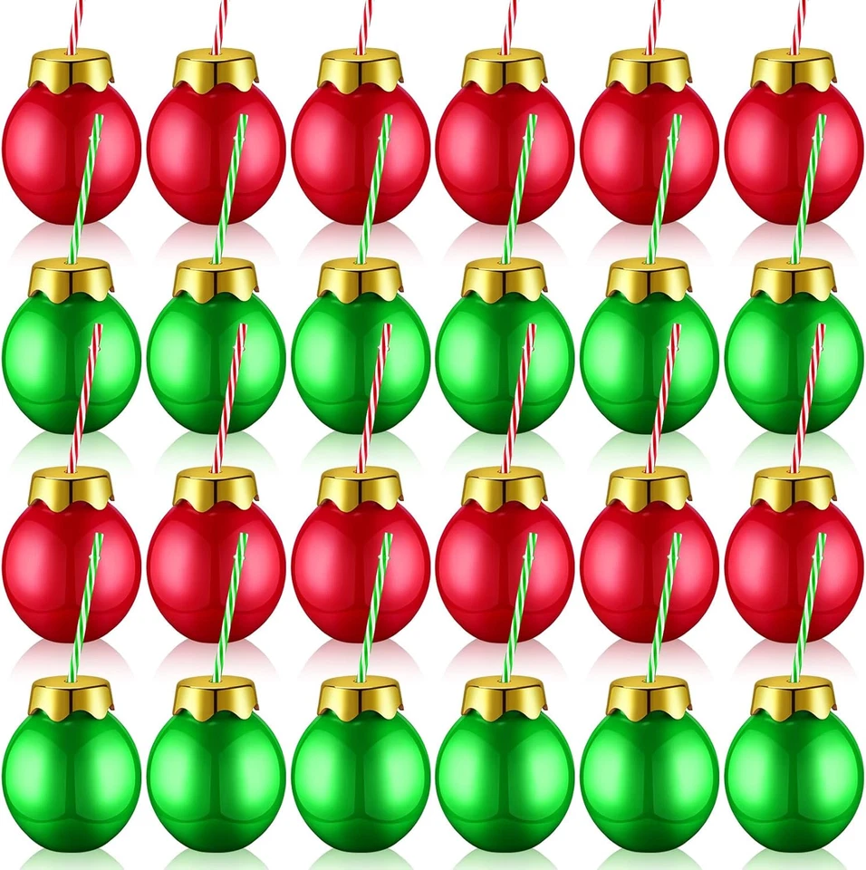 12 Piezas Bolas de Plástico de Navidad Tazas con Tapas y Pajitas Forma de Bola Roja y Verde Foto 1 de 4