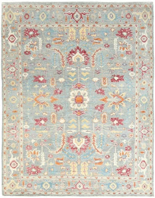 Hand-Knotted Light Blue Oushak Oriental Rug 8X10 ft Floral Bedroom Decor Carpet - Image 1 of 4