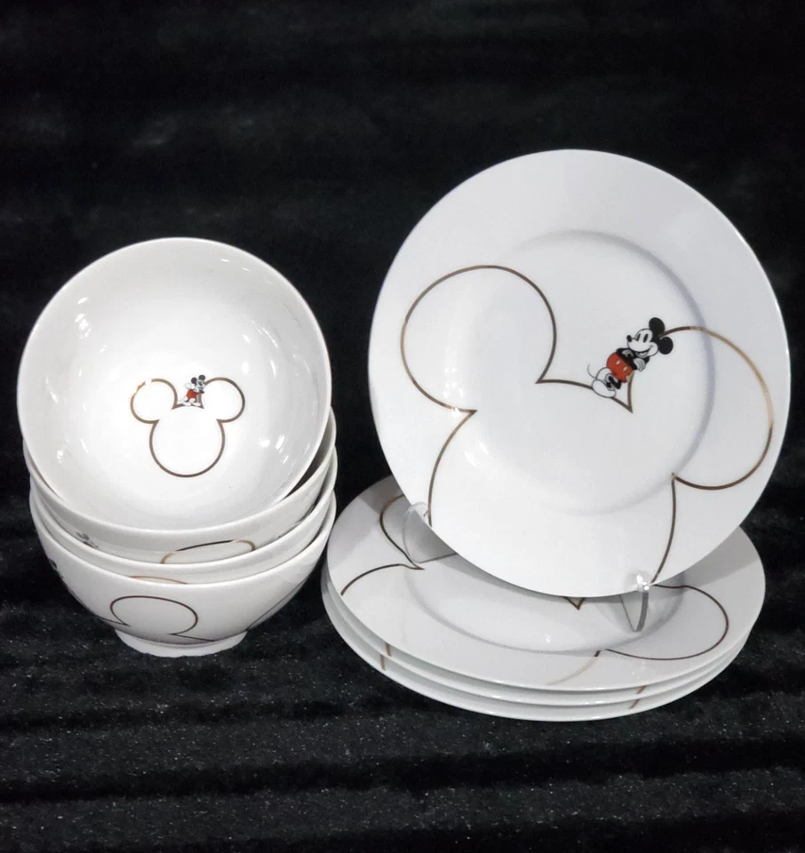 6pc RARE Disney Mickey Mouse GOLD ICON Salad Plates Bowls Mugs Collectors Zrike