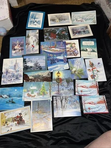 24 Escenas Navideñas Azules MCM Vintage Tarjetas de Felicitación Tarjeta de Navidad Usada - Imagen 1 de 16