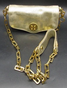Designer Tory Burch Gold Metallic Leather Chain Crossbody Clutch Handbag - Picture 1 of 8