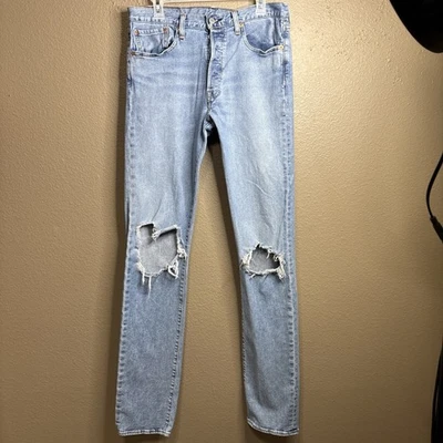 Levis 501 Original Fit Men Button Fly blue Jeans 32x38 Distress knee  - Image 1 of 4