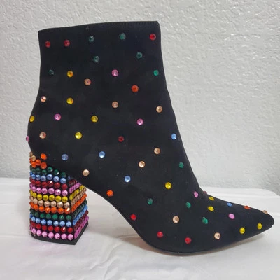 Betsey Johnson Boots Size 9.5 Black Kaydence Jeweled Block Heel Ankle Bling - Image 1 of 4