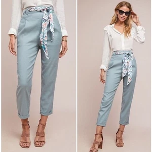 Pantalones con puños Anthropologie ett twa Nias de lino tiro alto corte cónico azul talla 8 - Imagen 1 de 12