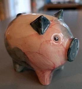 Vintage Hand Decorated Jersey Pottery Pig In Blue-Grey & Pink Signed CL - Picture 1 of 13