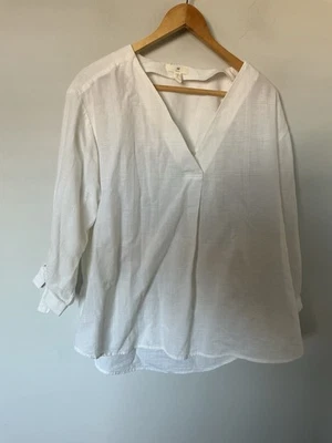 H&M Linen Mix Size Small Relaxed Fit Blouse V Neckline, Tie Cuffs, Ivory Check. - Image 1 of 4