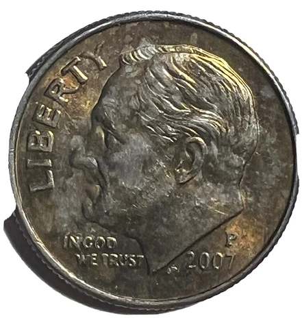 2007 P RAINBOW TONING Roosevelt. Dime w Doubling Cover